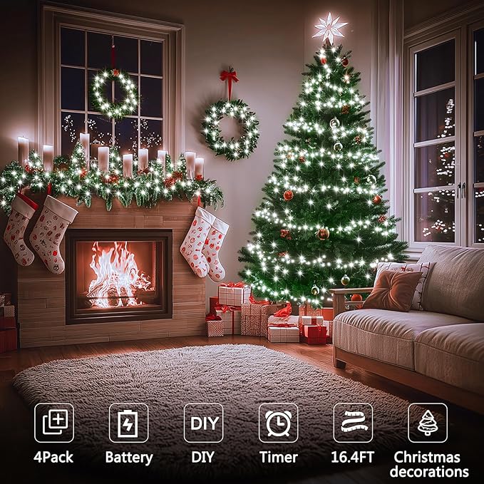 4-Pack Christmas String Lights, 4ft 50 LED Waterproof Twinkle Lights