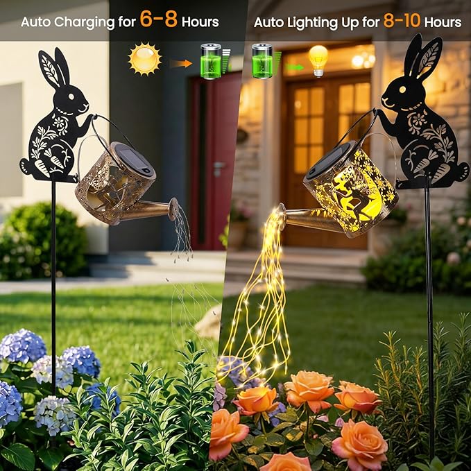 LOVERUIS Garden Statues Bunny with Solar Watering Can Lights, Cute Outdoor Bunny Figurines Easter Garden Decor for Patio Yard Lawn Ornaments, Unique Gift for Women Mom Grandma