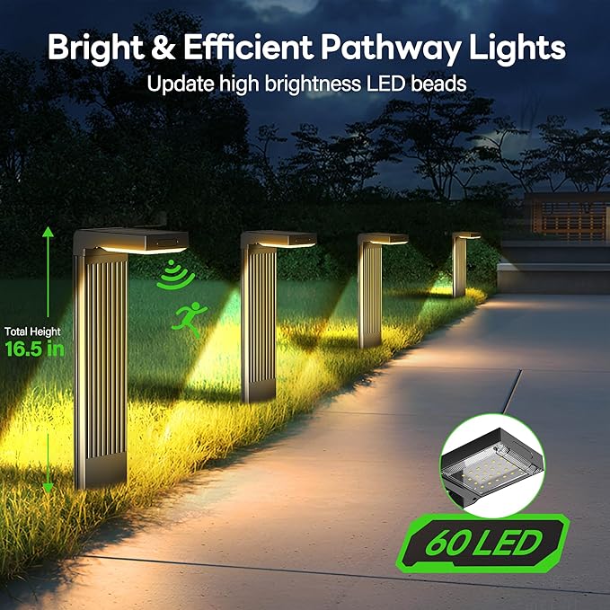 Solar Pathway Lights Outdoor 6Pack, 2 Color in 1 Motion Sensor Walkway Lights 400LM with Warm/Cool White, 12H Lasting, IP65 Waterproof Solar Landscape Lighting for Garden, Yard