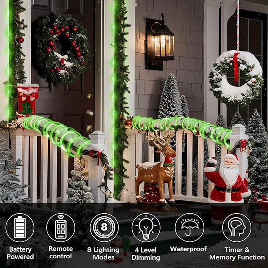Jnaurb Battery Operated Rope Lights for Outside, 33FT 100LED 8 Modes Battery Operated String Lights, Waterproof Christmas Fairy Light with Remote for Outdoor Indoor Patio Xmas Party Decoration - Green