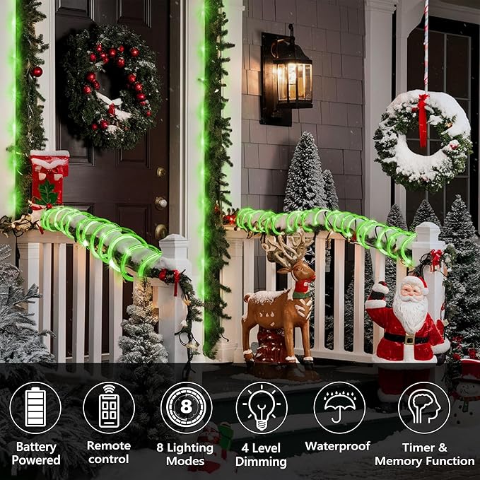 Jnaurb 2-Pack Battery Operated Rope Lights for Outside, Total 66FT 200LED 8 Modes Battery Operated String Lights, Waterproof Christmas Fairy Light with Remote for Outdoor Indoor Xmas Party Decor-Green