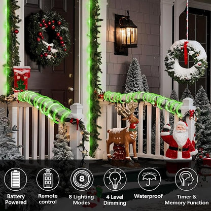 Jnaurb 2-Pack Battery Operated Rope Lights for Outside, Total 66FT 200LED 8 Modes Battery Operated String Lights, Waterproof Christmas Fairy Light with Remote for Outdoor Indoor Xmas Party Decor-Green