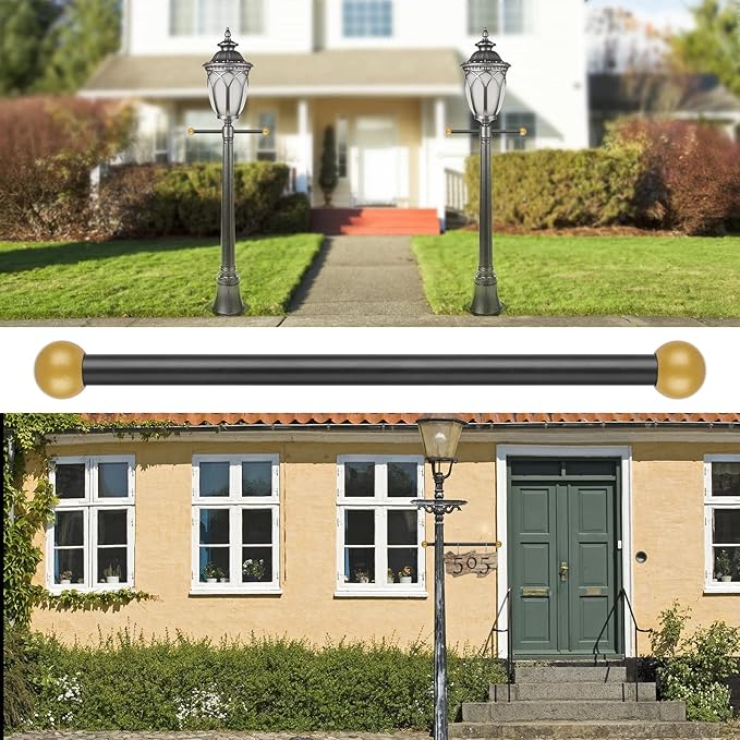 Canomo 22 Inch Improved Lamp Post Cross Arm Ladder Rest with 1-3/8 Inches Threaded Metal Ball Cap for Outdoor Lamp Posts and Poles, Black Bar with Brass Caps