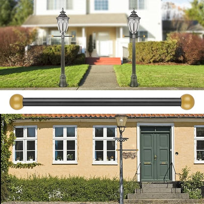Canomo 22 Inch Improved Lamp Post Cross Arm Ladder Rest with 1-3/8 Inches Threaded Metal Ball Cap for Outdoor Lamp Posts and Poles, Black Bar with Brass Caps