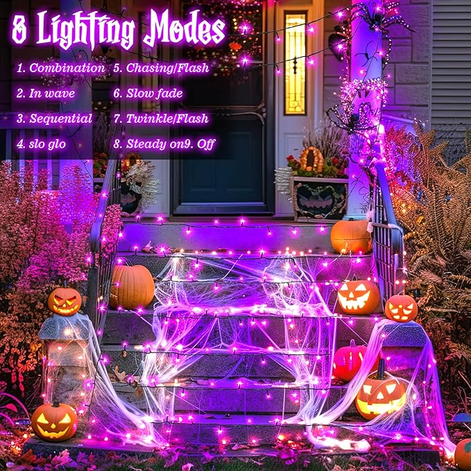 Purple Lights Halloween Lights String Total 100LED Battery Operated Outdoor 8 Modes with Timer 16.4Ft*2, 50LED*2 Waterproof Indoor for Halloween Decor, Purple, 2-Pack