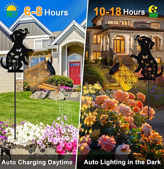 Christma Gifts Solar Lights Outdoor Decorative, Watering Can with Cascading Lights, with Dog Silhouette Garden Stakes, Gifts for Mom Women, Waterproof Metal Garden Decor for Yard Art, Outside(1 Pack)