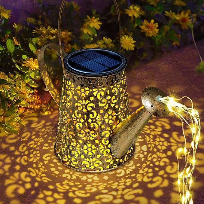 Anordsem Solar Garden Lights Decorative - Metal Watering Can with Cascading and Hook - Waterproof Hanging Lantern Outdoor Yard Lawn Decor - Birthday Gardening Gifts for Mom Grandma