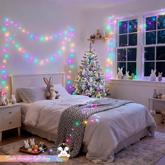 JMEXSUSS 4 Pack 50 LED Battery Operated String Lights Easter, Each 16.5ft String Lights Outdoor Waterproof, 8 Modes Pastel Easter Light Indoor with Timer for Party Christmas Garden Bedroom