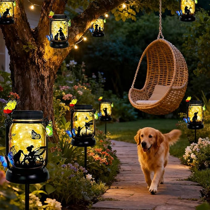 Dog Solar Lanterns Outdoor Garden Solar Dog Lights Dog & Cat Lover Gifts for Women Mom Grandma, Butterfly Fairy Lights Waterproof Hanging Mason Jar Lamps (Fairy Dog Butterfly)