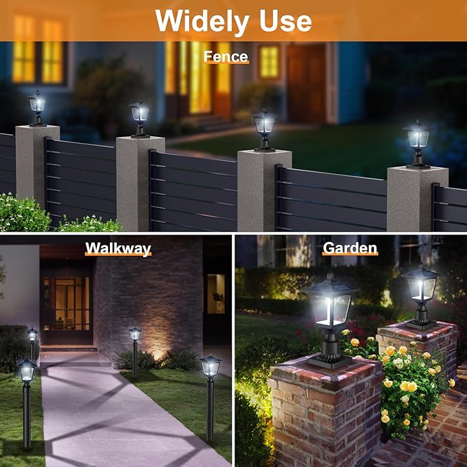 Greluna Solar Lamp Post Lights Outdoor, 6000K Dusk to Dawn Waterproof Post Lights with Pier Mount Base, Decorative Solar Lamp for Garden, Yard, Landscape, Pole, Pillar (Cool White)