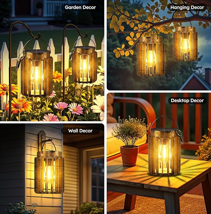 Solar Lanterns Outdoor Waterproof, Brighter Up to 12 Hrs Outdoor Hanging Solar Lights, Outside Hanging Lanterns for Garden Porch Patio Yard Decor, Gifts for Women Mom Father 2 Pack