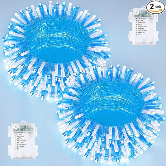 2 Pack Christmas String Lights Battery Operated with Timer, 66FT 200 LED Waterproof Battery Twinkle Lights, 8 Modes Fairy Light for Indoor & Outdoor Party Bedroom Christmas Decorations (Blue & White)