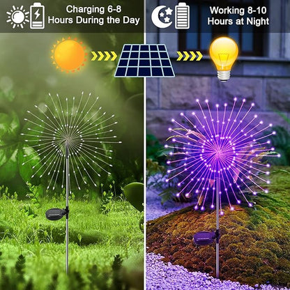 Solar Garden Lights Outdoor, 2 Pack 120 LED Twinkling Firework Lights Decorative with 2 Modes, Outdoor Waterproof Solar Starburst Light for Outside Yard Pathway Garden Decor, Purple