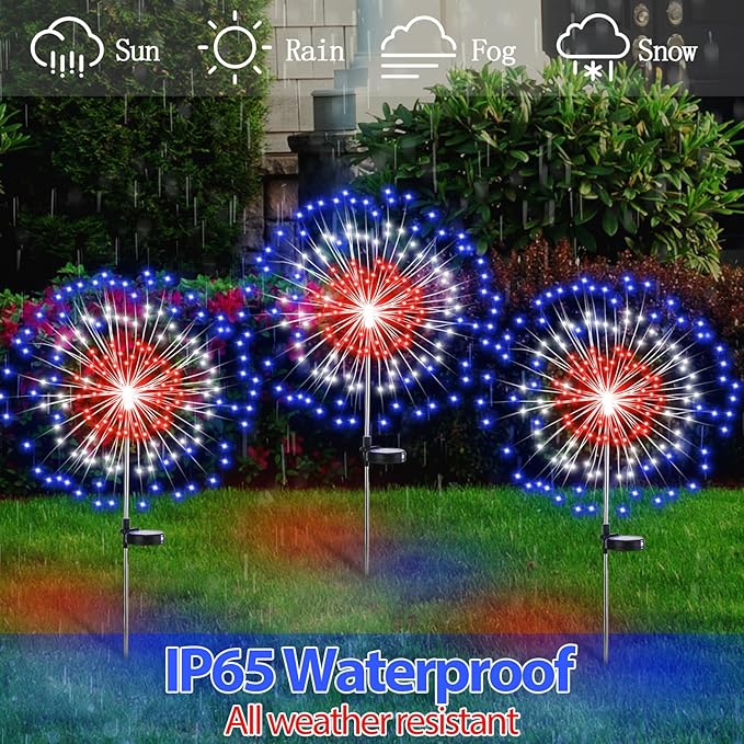 8 Pcs 4th of July Solar Firework Stake Lights 180 LED 8 Modes Solar Waterproof LED Sparkler Lights Outdoor Patriotic Decoration for Garden Patio Yard Pathway Walkway Lawn (Red White Blue)