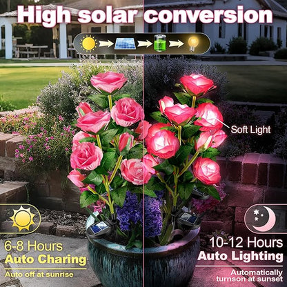 Anordsem Solar Garden Lights Outdoor: 10 Waterproof Fabric Roses 2 Pack - Pink LED Flower Decorations for Yard Patio Path Cemetery Grave - Mother's Day Gifts for Her Women Mom Wife