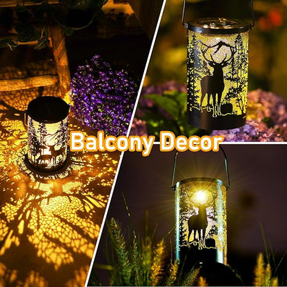 Solar Lantern Outdoor Waterproof Deer Garden Decor Birthday Gifts for Women Mom Grandma Hanging Solar Lights Metal Decoration Outside for Yard Patio Backyard Porch