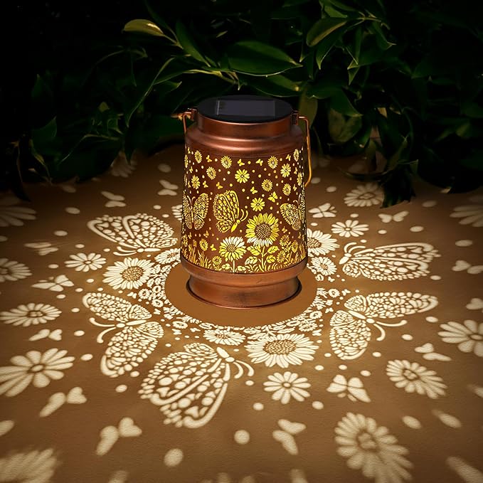 2 Pack Butterfly Solar Lanterns Outdoor Waterproof Sunflower Garden Decor Birthday Gifts for Women Mom Grandma Hanging Solar Lights Metal Lantern Decoration Outside for Porch,Patio,Yard,Backyard