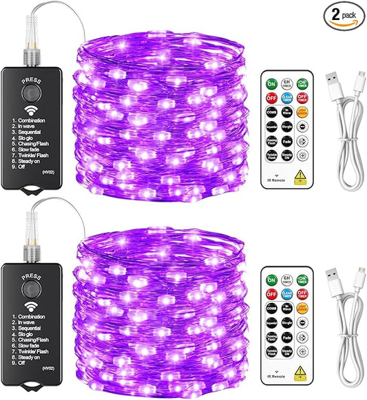 HXWEIYE Rechargeable Fairy Lights with Remote, 2 Pack 33ft 100LED Twinkle Lights with DIY Timer & Light Sensor, Waterproof Outdoor String Lights for Bedroom Patio Christmas Tree Decor, Purple