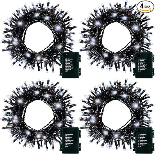 4 Pack Battery Operated Christmas Tree Lights,16.5 Ft String Lights with Auto Timer 8 Modes, 50 LED Wreath String Lights for Indoor Outdoor Xmas Tree Party Decor (Cool White)