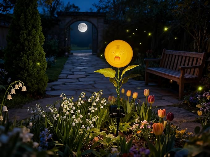 Personified Bobble Face Wind Spinners Sunflower Solar Light Outdoor with Funny Astonished Face - Garden Decor, Waterproof Auto-On/Off Pathway, Lawn, Yard Stake Light for Decorations - Single Pack