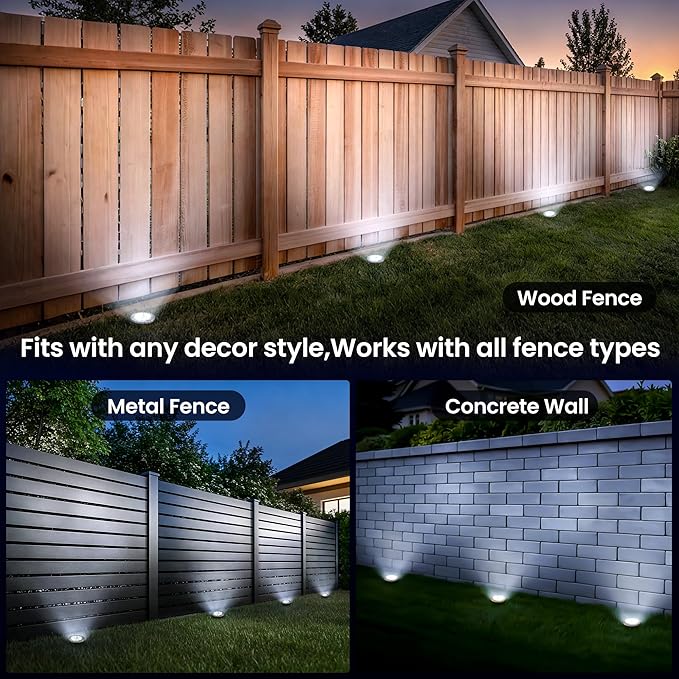 GIGALUMI Solar Ground Lights - No-Drill Fence Lighting Solution, Waterproof Perimeter Lights Compatible with Wood, Metal & Concrete Fences (12 Pack Cool White)