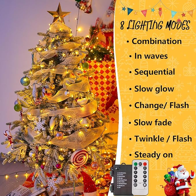 YEGUO Christmas Lights Battery Operated, 2 Pack Each 33ft 100 LED Warm White String Lights Outdoor Waterproof, 8 Modes Green Wire Fairy Light Indoor with Remote