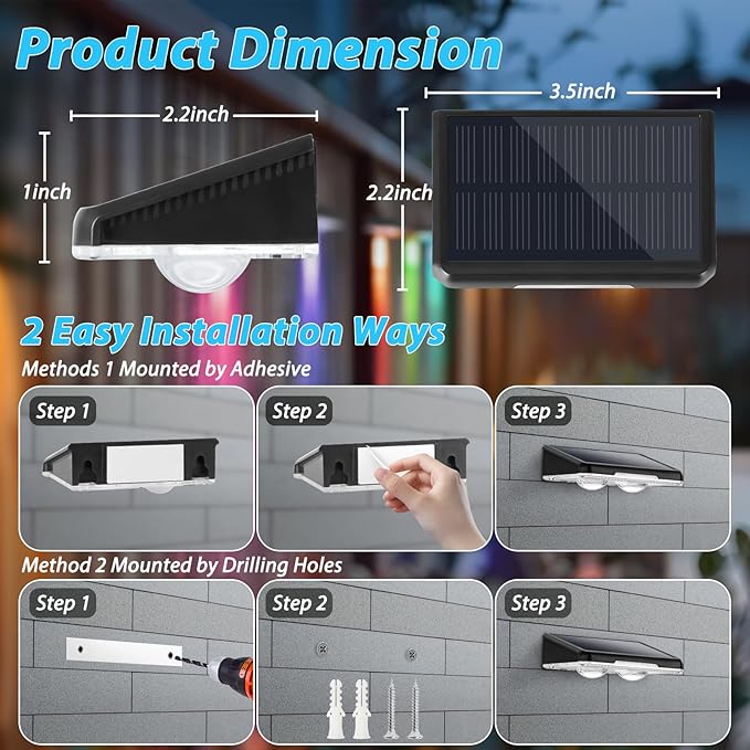 Solar Fence Lights 12-Pack, Waterproof Solar Powered Outdoor Deck Light with Warm White & 6 RGB Colors & 2 Lighting Modes, LED Solar Step Stairs Light for Deck, Fence, Outside, Patio, Garden, Backyard