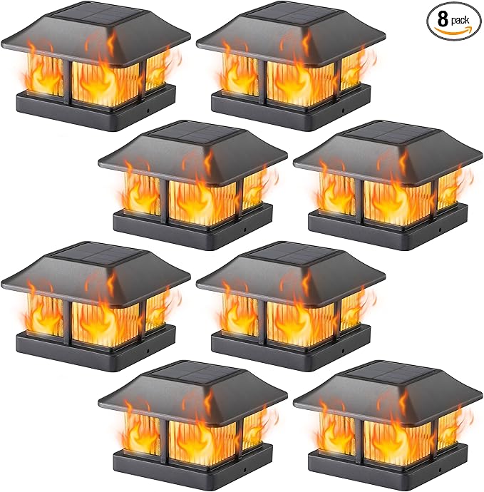 Dynaming Solar Flame Post Cap Lights Outdoor, Solar Powered Fence Post Light, Flickering Flame LED Lantern Lamps Waterproof for Garden Deck Patio, Fit 4x4 Wooden/Vinyl Posts, 8 Pack