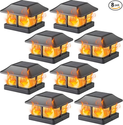 Dynaming Solar Flame Post Cap Lights Outdoor, Solar Powered Fence Post Light, Flickering Flame LED Lantern Lamps Waterproof for Garden Deck Patio, Fit 4x4 Wooden/Vinyl Posts, 8 Pack
