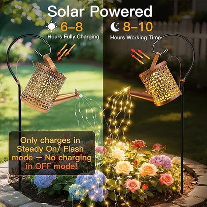 Ollny Solar Watering Can with Cascading Lights Outdoor Garden Decor, Birthday Gifts for Mom Grandma Women, IP65 Waterproof 2 Lighting Modes Hanging Lanterns for Yard Patio Lawn (Beehive)