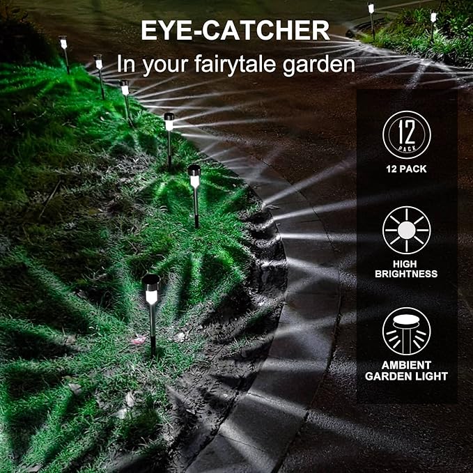 Dream Master Solar Lights Outdoor Waterproof, Stainless Steel LED Landscape Lighting, Solar Garden Lights, Outdoor Decorations for Yard, Pathway, Walkway, Patio, Lawn - 12 Pack (Cold White)