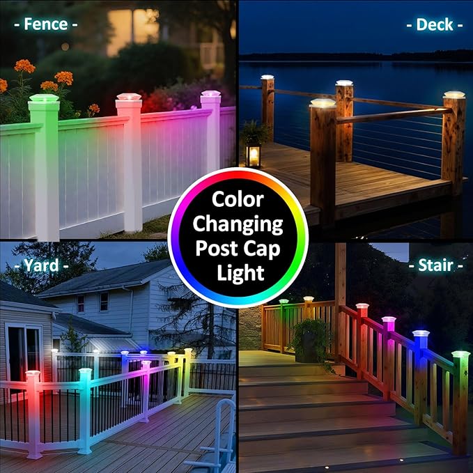 T-SUN Solar Post Cap Lights with Auto-Change Colors- for Wooden (4x4/6x6) & Vinyl (4x4/5x5) Posts | Weatherproof Outdoor Solar Fence Post Lights for Deck, Porch, Garden & Stairs(12-Pack,RGB)