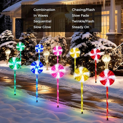 Outdoor Christmas Decorations Solar Pathway Lights, Set of 10 Lollipops Peppermint Stake Lights, 8 Modes Candy Cane Walkside Lights, Outdoor Xmas Decoration for Walkway,Yard (10PCS-Multi)
