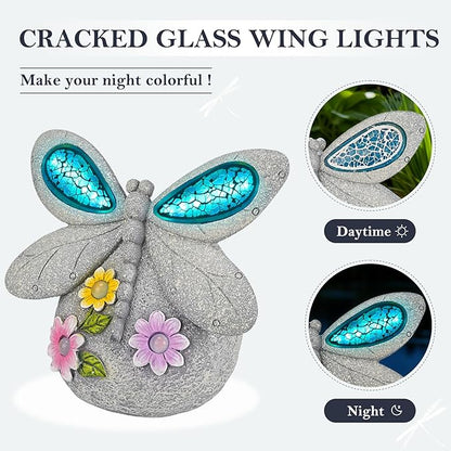 Solar Dragonfly Garden Decor with Cracked Glass Wings, Outdoor Resin Dragonfly Statue with Solar Light for Patio, Balcony, Yard, Lawn, Ornament Gift for Housewarming, Christmas, Thanksgiving Day