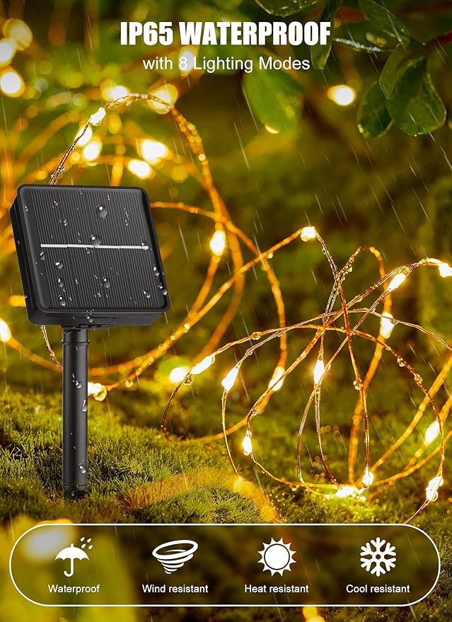 Minetom Solar Fairy String Lights, 2-Pack 66ft 200 LED Waterproof Outdoor Lights for Patio & Wedding, Warm White