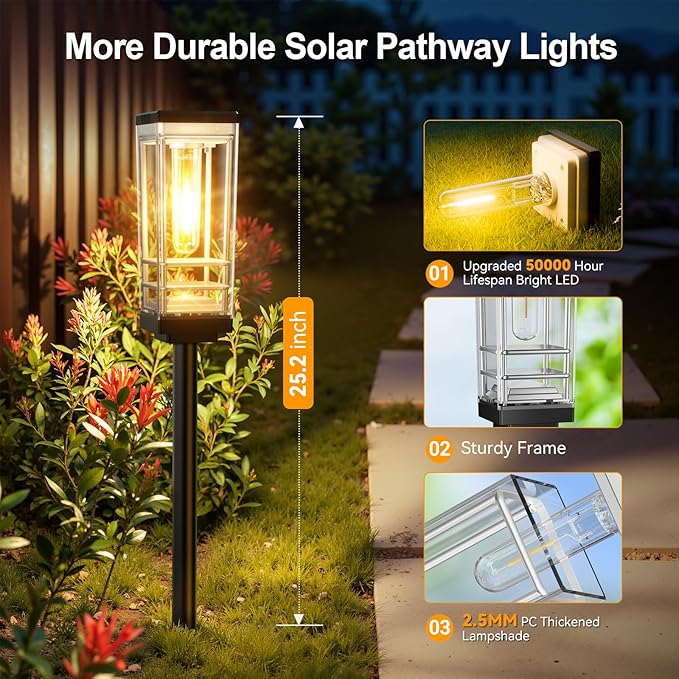 2 Pack Solar Lights Outdoor Pathway, Up to 15 Hrs Brighter LED Path Light Waterproof, Luxury Tall Solar Outdoor Light for Garden Yard Walkway Driveway Landscape, Warm White