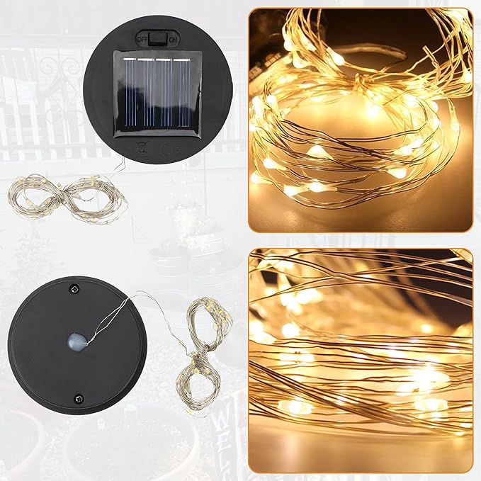 Solar Light Lantern Replacement Top 2 Pack 6cm/2.4inch Round Panel Lid with String, Decorative LED Fairy Can Lights for Outdoor Patio Yard Lawn Tree DIY Table Flower Garden Accessories Powered Parts
