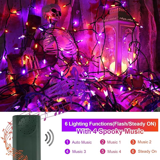 Tcamp Battery Operated Halloween Lights Motion Activated Sync with Music, 33FT 100 LED Orange Purple String Lights with Spooky Music for Outdoor Indoor Halloween Decor (6 Lighting Modes)