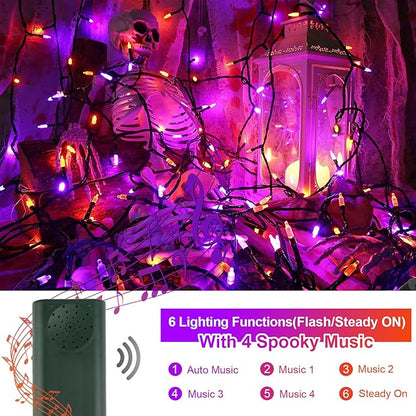 Tcamp Battery Operated Halloween Lights Motion Activated Sync with Music, 33FT 100 LED Orange Purple String Lights with Spooky Music for Outdoor Indoor Halloween Decor (6 Lighting Modes)