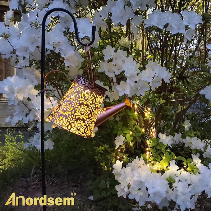 Anordsem Solar Watering Can Lights: Metal Lotus Lantern Outdoor with Hook - Waterproof Garden Art Hanging Decoration for Yard Patio Lawn - Christmas Birthday Gifts for Women Mom Grandma