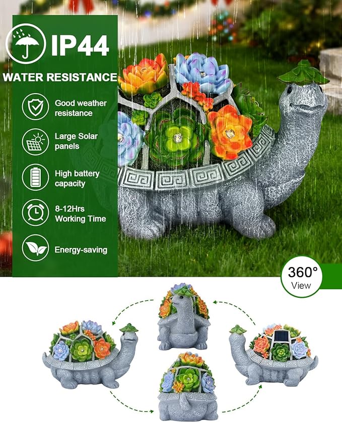 11.1 Inch Large Solar Garden Decor Turtle Statues Lights, Outdoor Figurine Decorations Ornament Lamps for Outside Yard, Lawn, Patio, Porch, Balcony, Unique Birthday Gifts for Mom women Grandma(Gray)