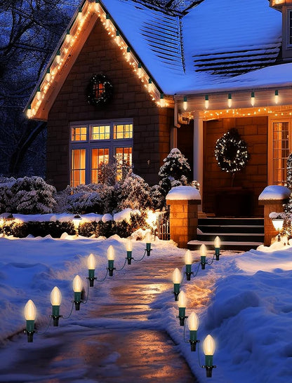 C9 Christmas Pathway Lights Outdoor 38Ft Connectable C9 LED Christmas String Lights with 25 LED Warm White Stakes Lights for Walkway Outdoor Yard Driveway Lawn Decorations