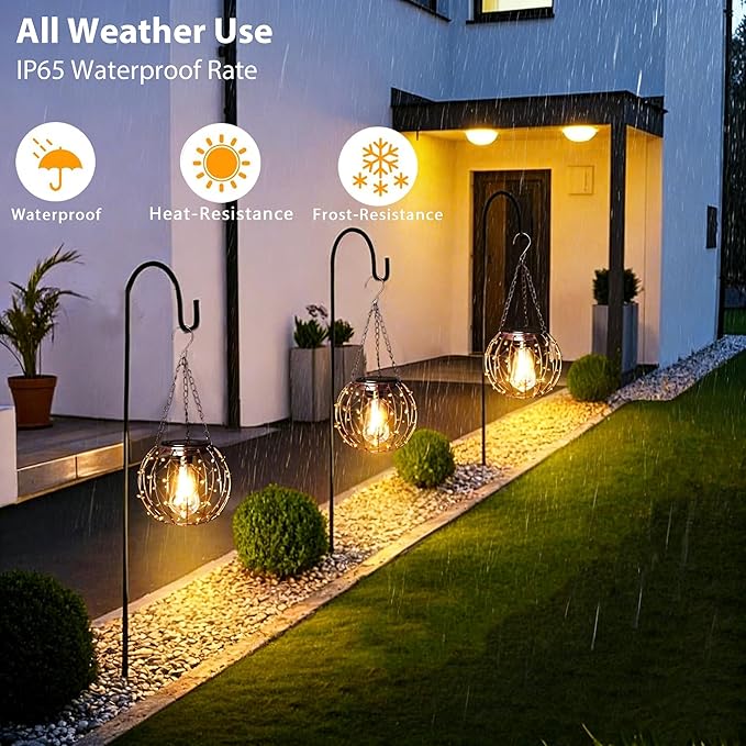 Hanging Solar Lanterns, Solar Lights Outdoor Waterpoof, Solar Chandelier with Warm White Led Bulb, Beaded Copper Wire Ball Shade Patio Garden Decor Lights for Tree Yard Pathway Wall Eave Pergola-2Pack