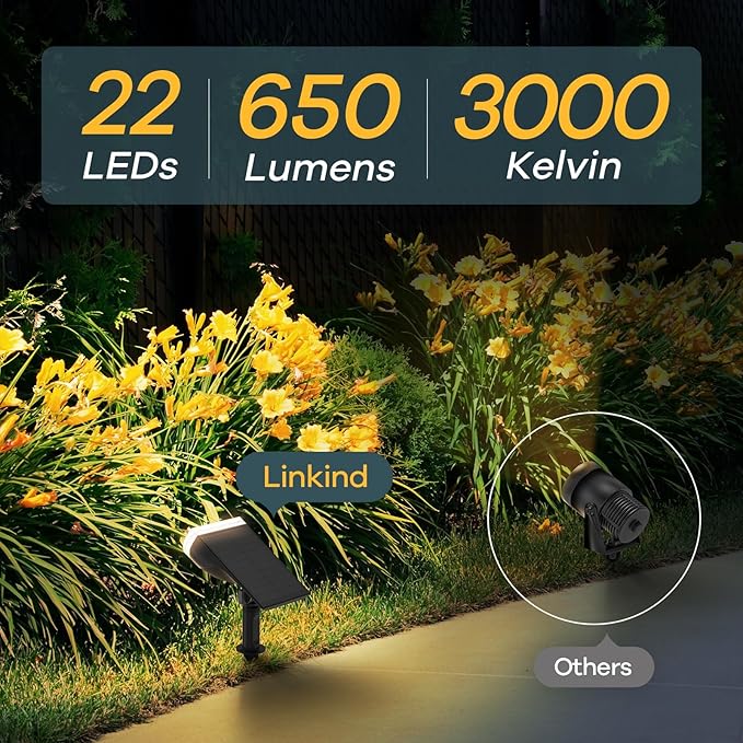 Linkind Solar Lights Outdoor Waterproof IP65, StarRay Dusk-to-Dawn Outdoor Solar Lights, 3 Lighting Modes Solar Spot Lights Outdoor for Garden, Yard, Landscape (Warm White, 2 Pack)
