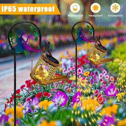 Christma Gifts Solar Lights Garden Decorative, Solar Watering Can with Cascading Lights, Waterproof Metal Lantern with Fairy Shepherd Hook, Outdoor Decor for Yard, Patio, Gifts for Mother's Day, Women