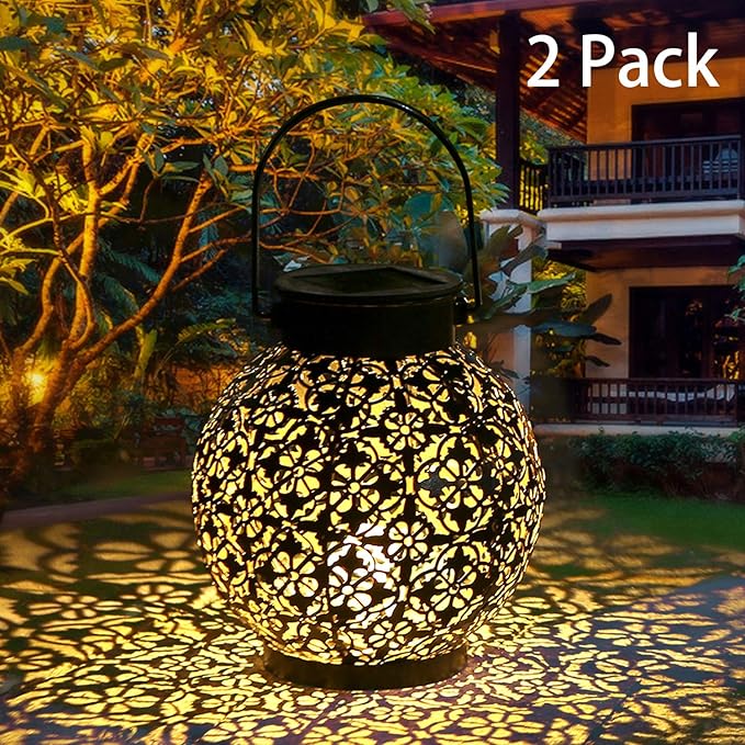 2-Pack Garden Solar Patio Lanterns, Rustic Waterproof LED