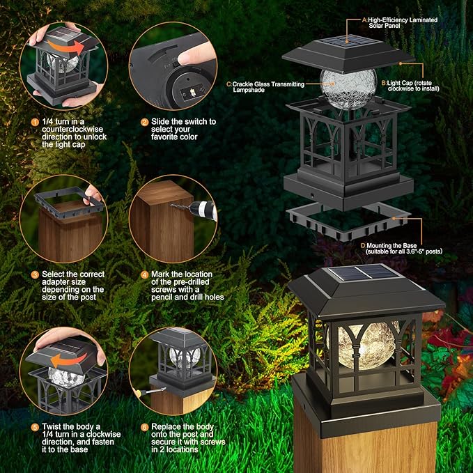 Fence Post Solar Lights, Crackle Glass Solar Post Cap Lights, 20 Lumens, Warm White & RGB Automatic Cycling 2 Modes for 3.6x3.6 4x4 4.5x4.5 5x5 Vinyl Wooden Posts Decoration, Black (12 Pack)