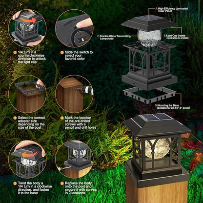 Fence Post Solar Lights, Crackle Glass Solar Post Cap Lights, 20 Lumens, Warm White & RGB Automatic Cycling 2 Modes for 3.6x3.6 4x4 4.5x4.5 5x5 Vinyl Wooden Posts Decoration, Black (6 Pack)