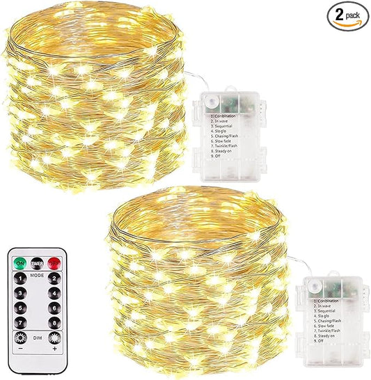2 Pack 100 LED Fairy Lights Battery Operated with Remote, 33FT Waterproof Twinkle Lights with Timer & 8 Modes, Fairy String Lights Outdoor Indoor for Bedroom Classroom DIY Christmas Decor (Warm White)