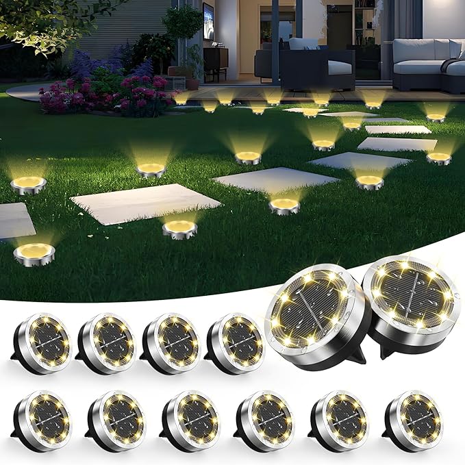 Solar Ground Lights Outdoor, 12 Pack Solar Lights Outdoor Waterproof, Mini Flat Solar-Powered Garden Light, Landscape Lighting for Garden Yard Lawn Pathway Walkway Driveway Backyard Decor, Warm White